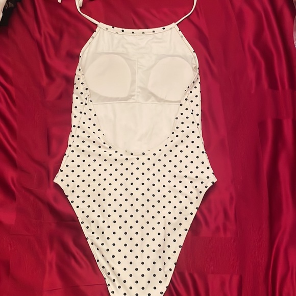 Black and white polkadot Long leg, one piece bathing suit - Picture 2 of 3